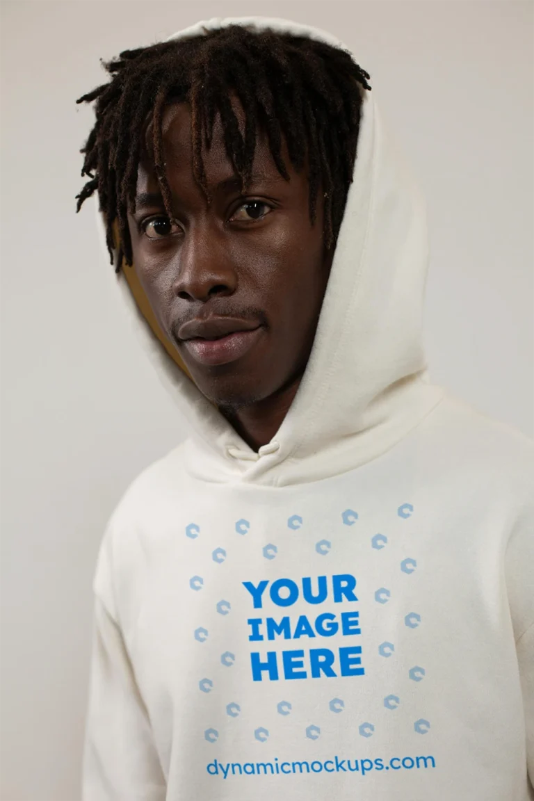 Man Wearing White Hoodie Mockup Front View Template