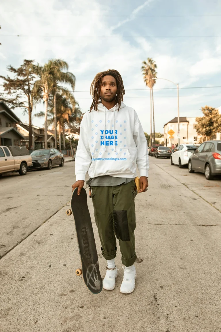 Man Wearing White Hoodie Mockup Front View Template