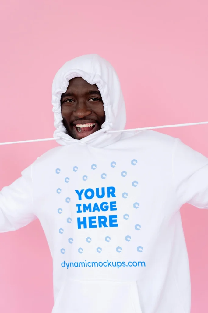 Man Wearing White Hoodie Mockup Front View Template