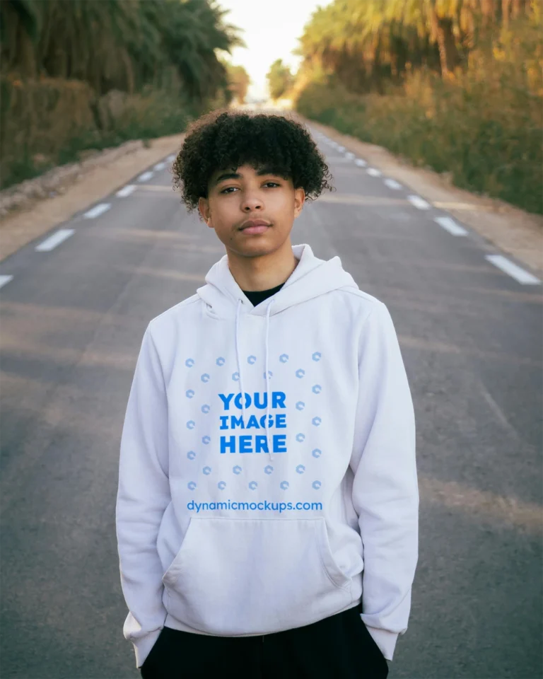 Man Wearing White Hoodie Mockup Front View Template
