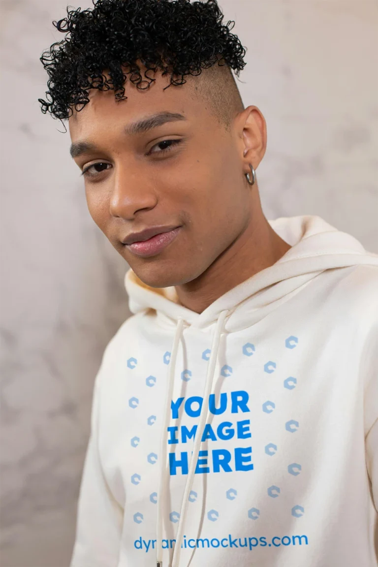 Man Wearing White Hoodie Mockup Front View Template