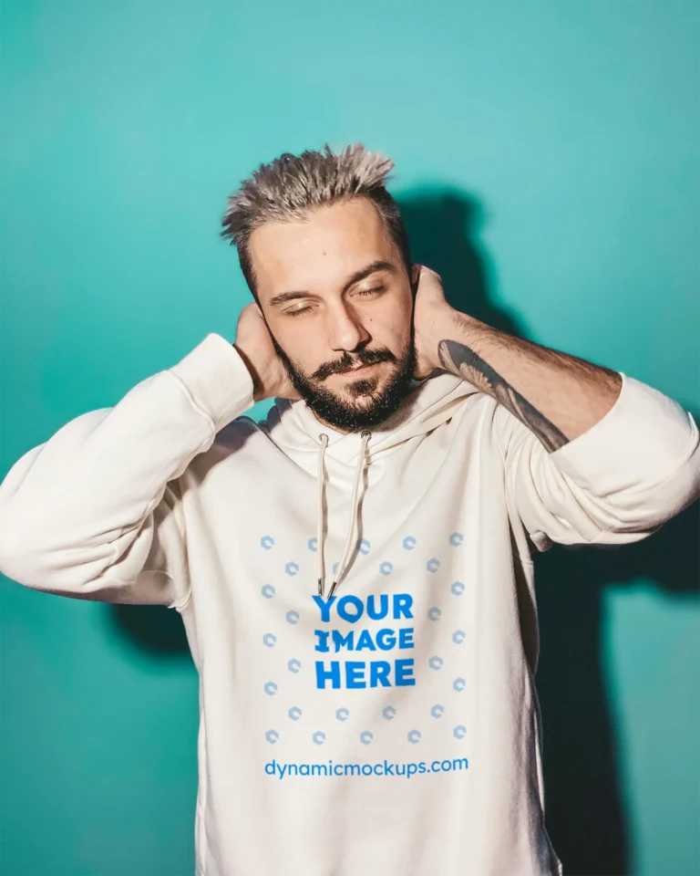 Man Wearing White Hoodie Mockup Front View Template