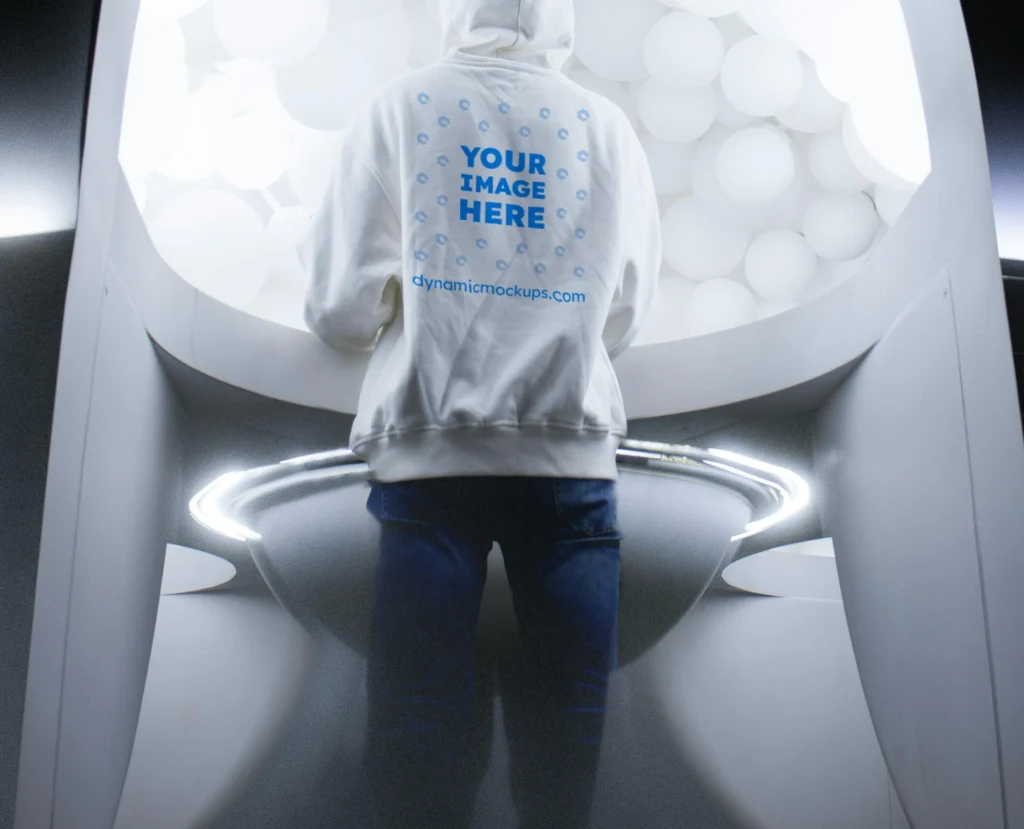 Man Wearing White Hoodie Mockup Back View Template