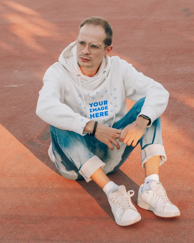 Man Wearing White Hoodie Mockup Front View Template