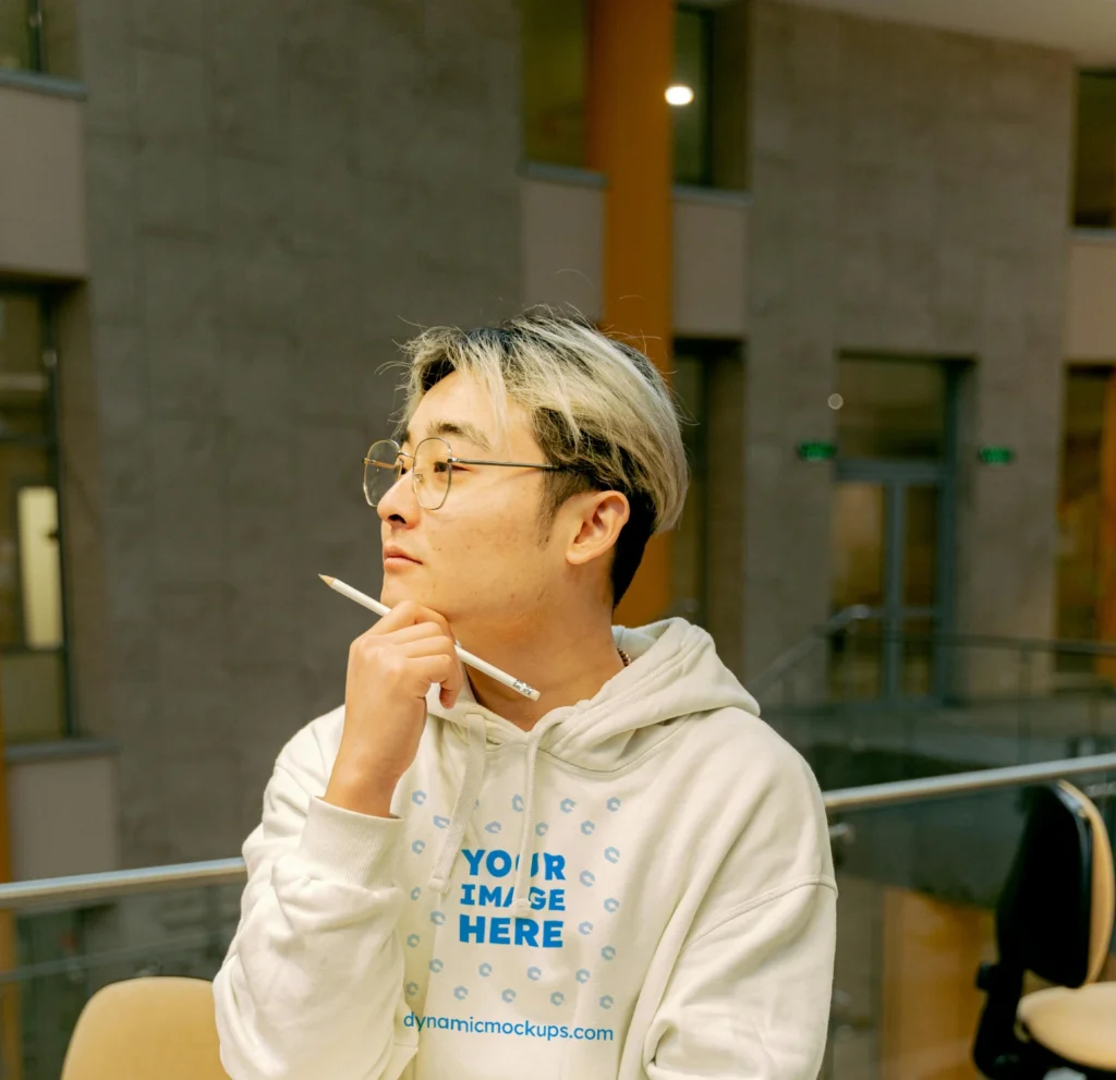 Man Wearing White Hoodie Mockup Front View Template