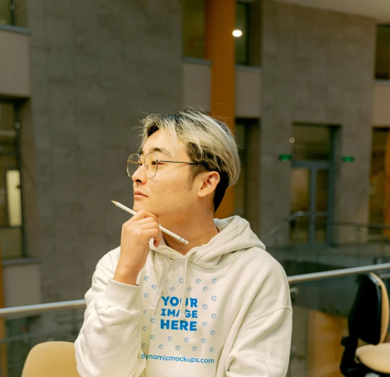Man Wearing White Hoodie Mockup Front View Template