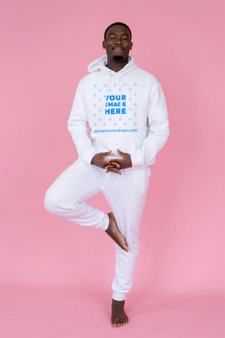Man Wearing White Hoodie Mockup Front View Template