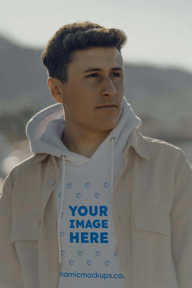 Man Wearing White Hoodie Mockup Front View Template