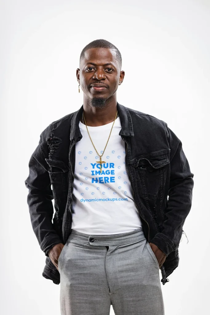 Man Wearing White T-shirt Mockup Front View Template