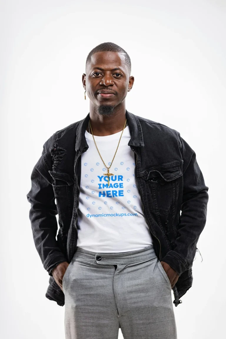 Man Wearing White T-shirt Mockup Front View Template