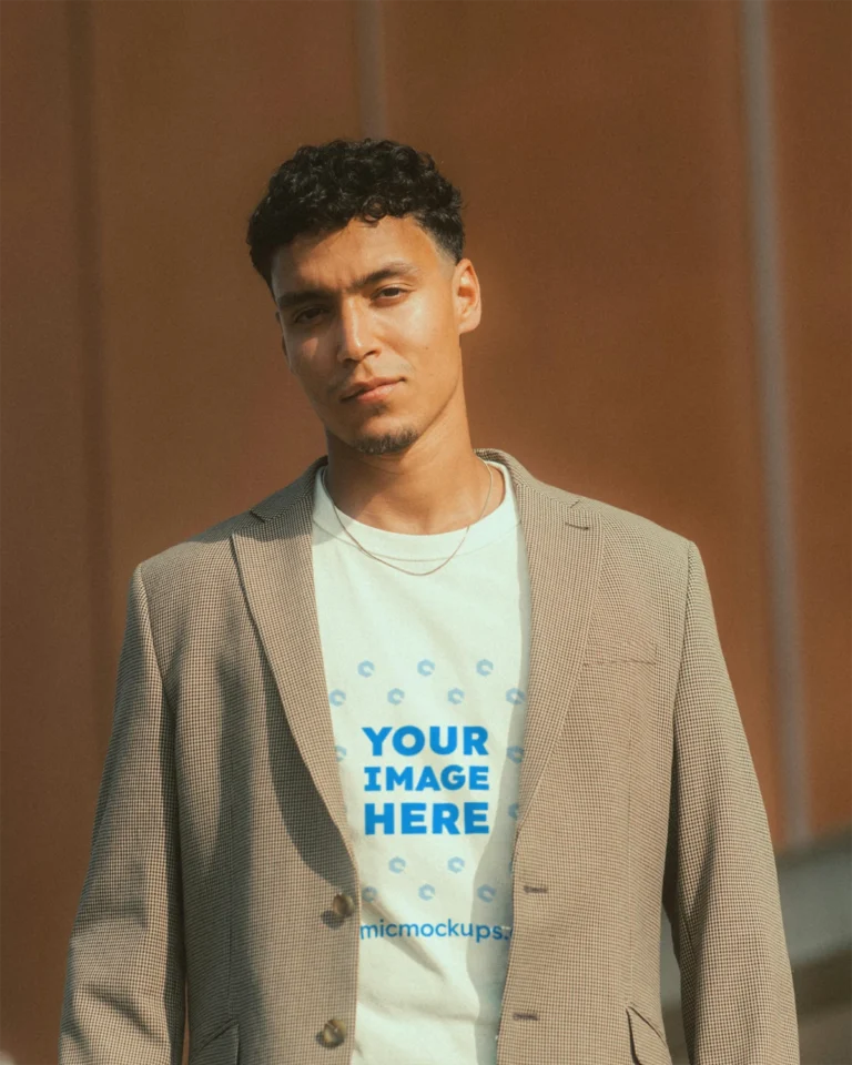Man Wearing White T-shirt Mockup Front View Template