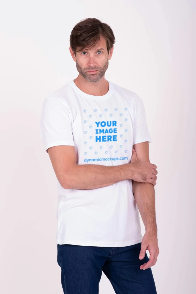 Man Wearing White T-shirt Mockup Front View Template