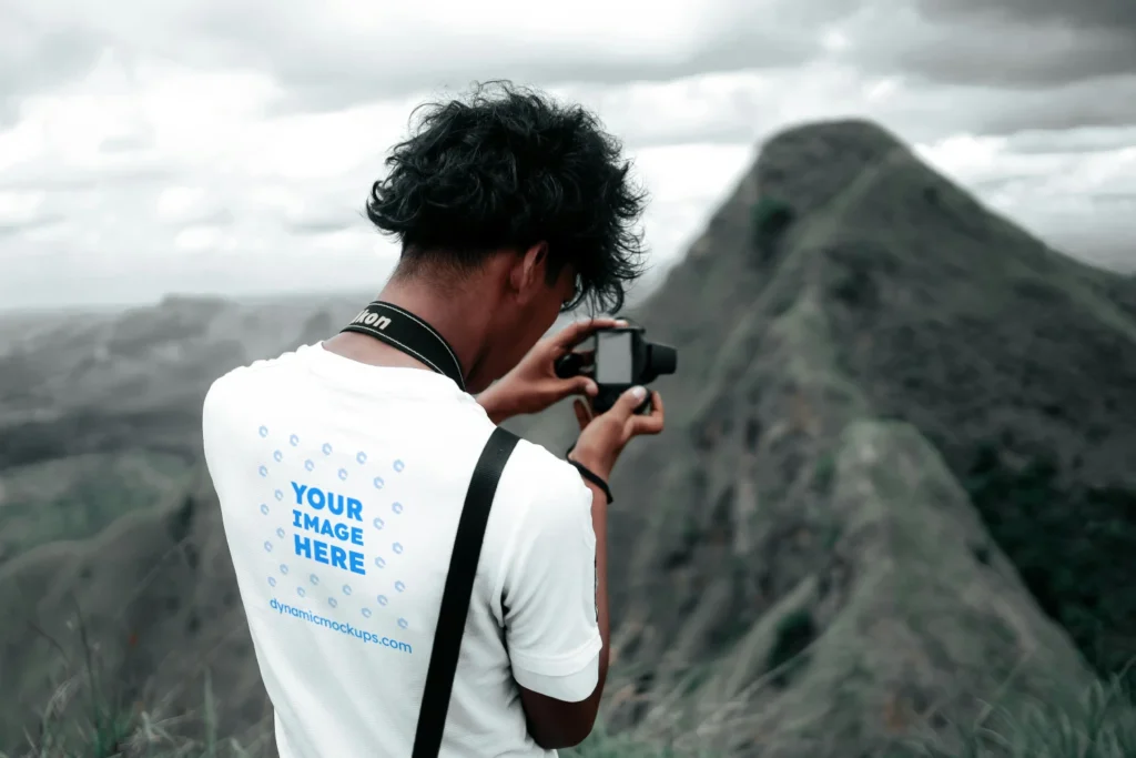 Man Wearing White T-shirt Mockup Back View Template