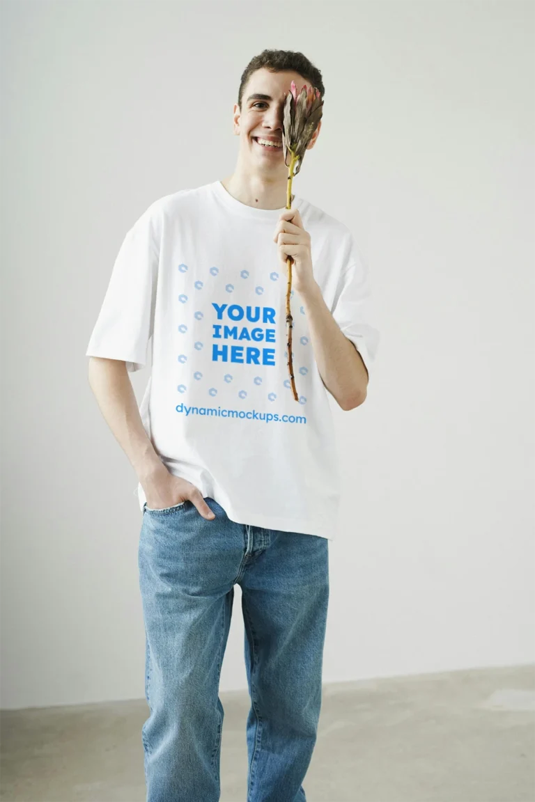 Man Wearing White T-shirt Mockup Front View Template