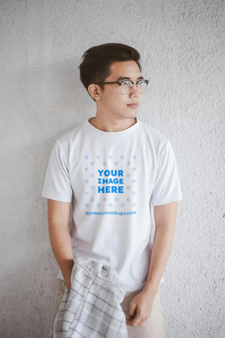Man Wearing White T-shirt Mockup Front View Template