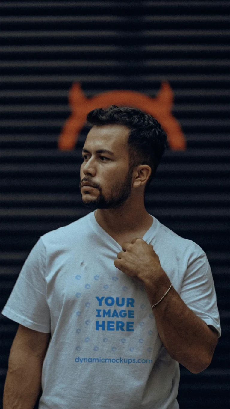 Man Wearing White T-shirt Mockup Front View Template
