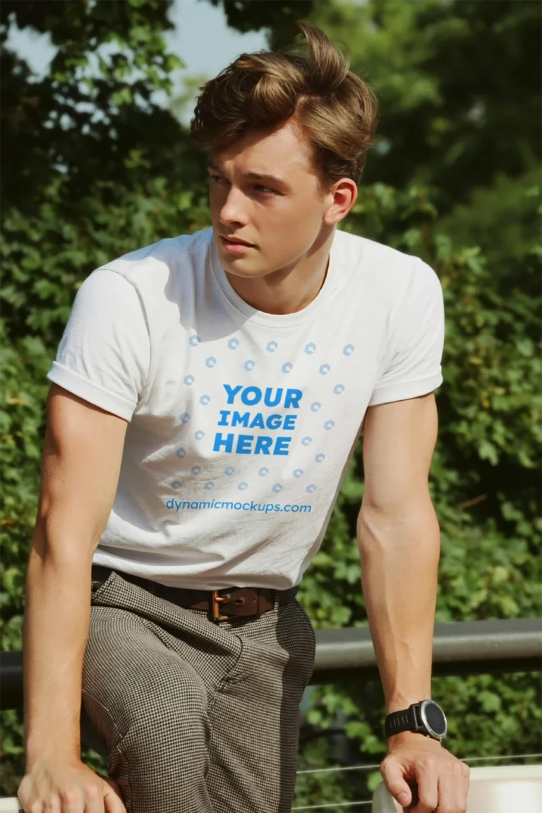 Man Wearing White T-shirt Mockup Front View Template