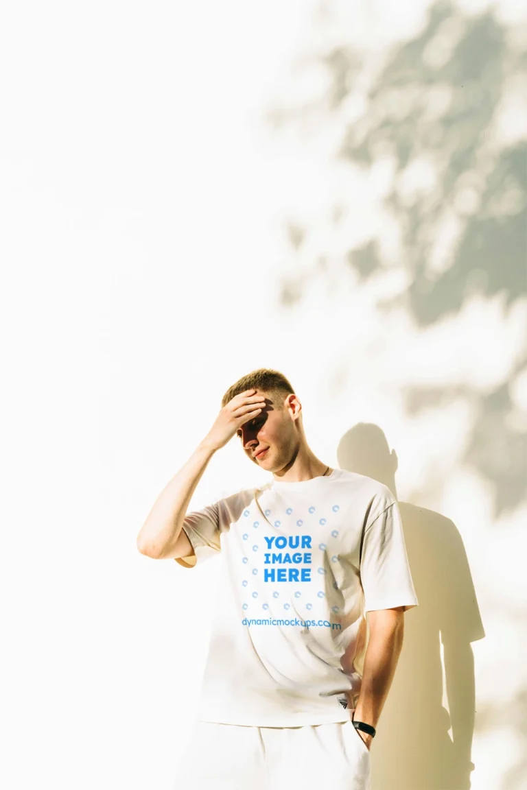 Man Wearing White T-shirt Mockup Front View Template