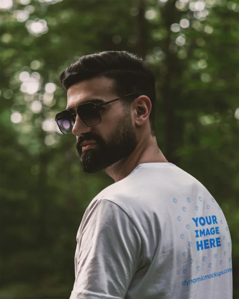 Man Wearing White T-shirt Mockup Back View Template