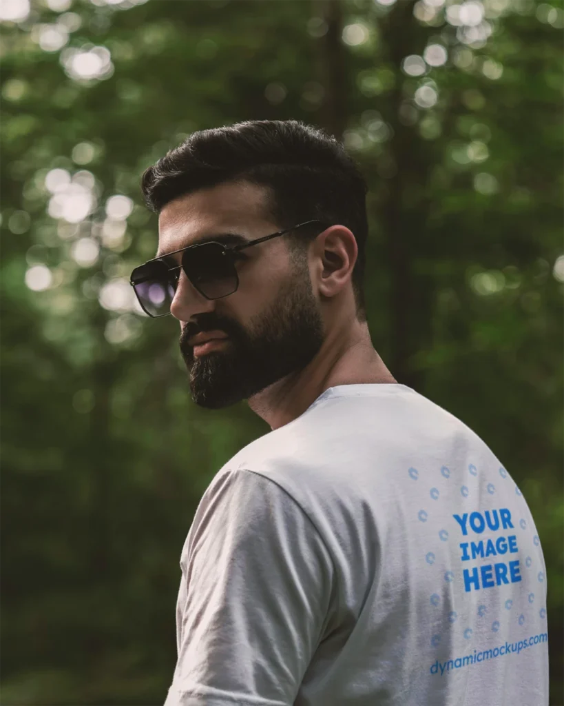 Man Wearing White T-shirt Mockup Back View Template