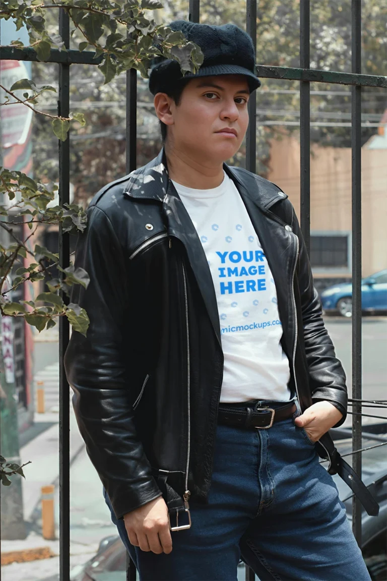 Man Wearing White T-shirt Mockup Front View Template