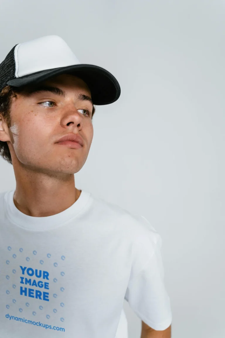 Man Wearing White T-shirt Mockup Front View Template
