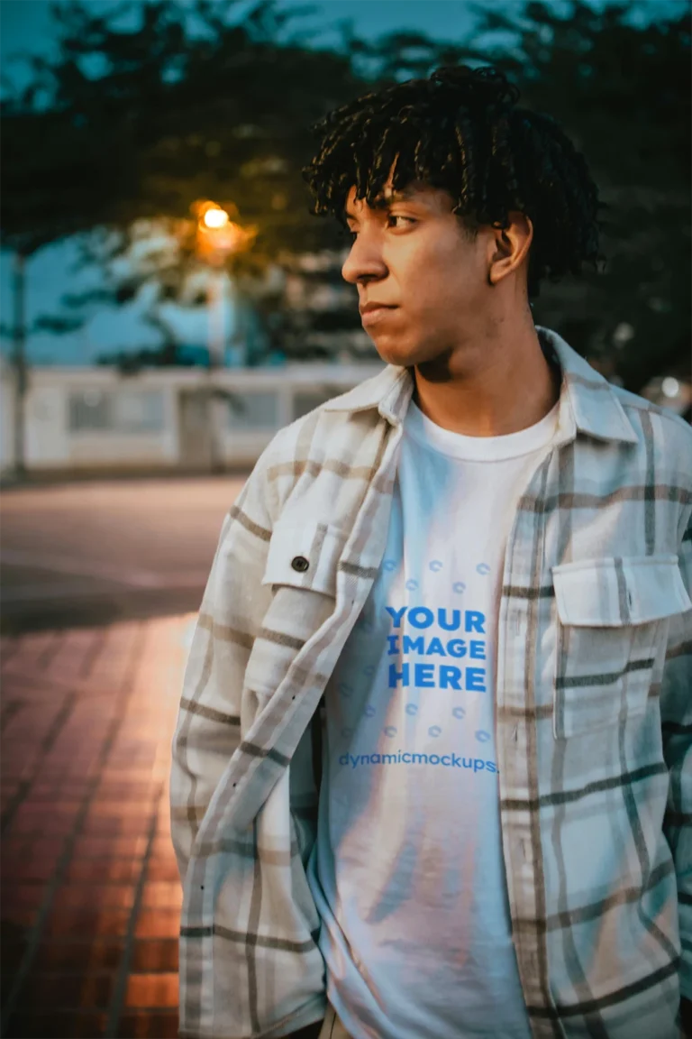 Man Wearing White T-shirt Mockup Front View Template