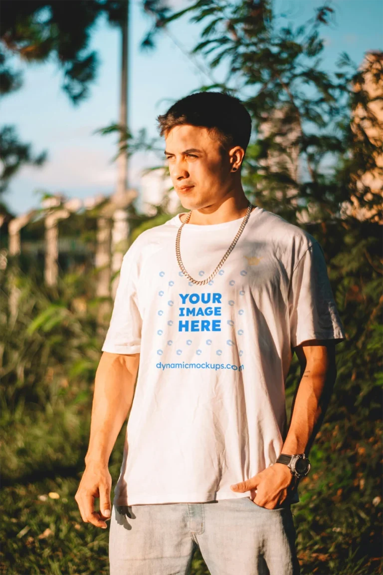Man Wearing White T-shirt Mockup Front View Template