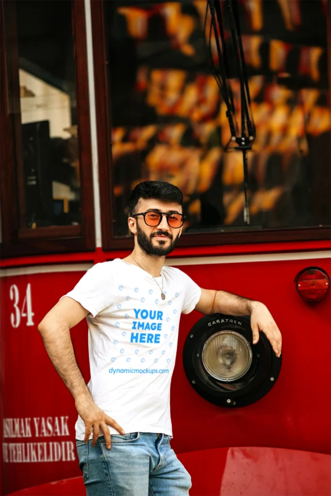 Man Wearing White T-shirt Mockup Front View Template