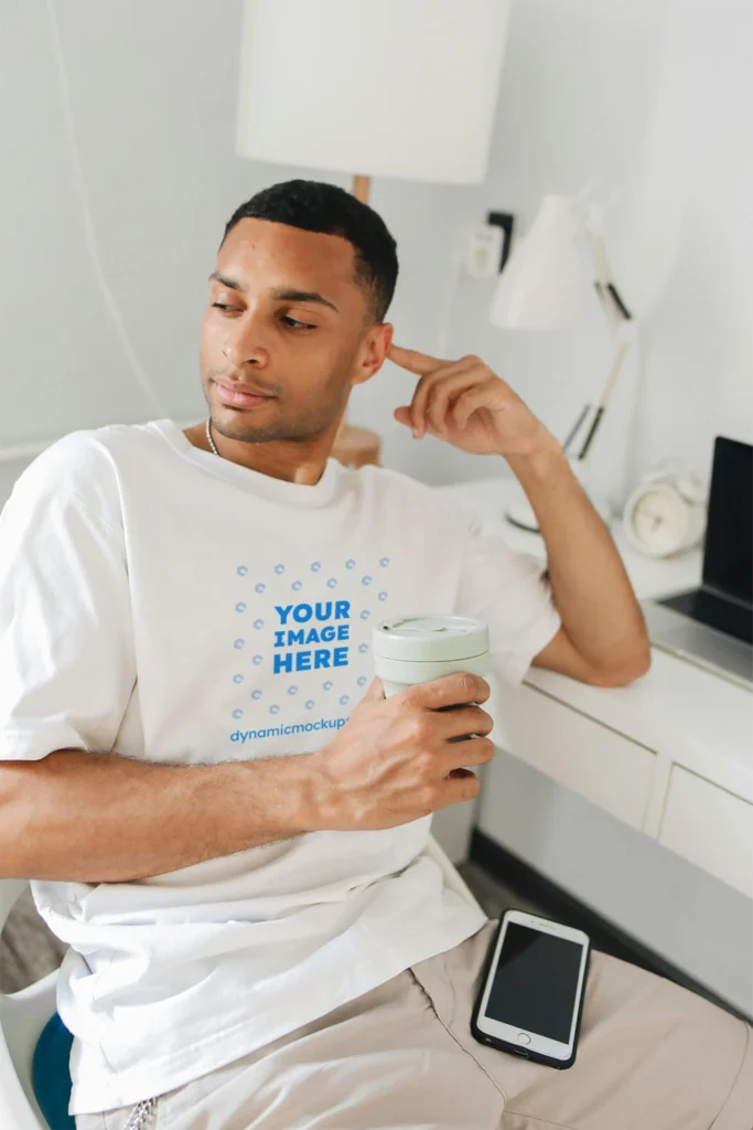 Man Wearing White T-shirt Mockup Front View Template
