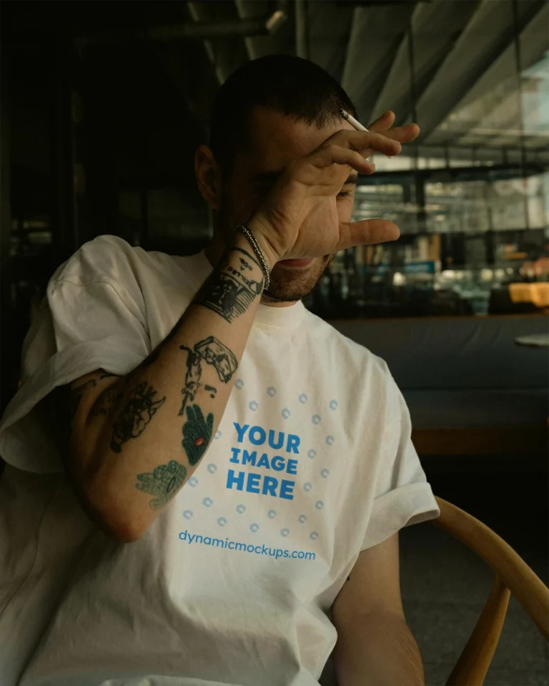 Man Wearing White T-shirt Mockup Front View Template