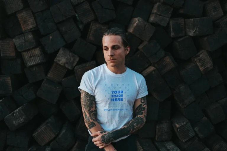 Man Wearing White T-shirt Mockup Front View Template