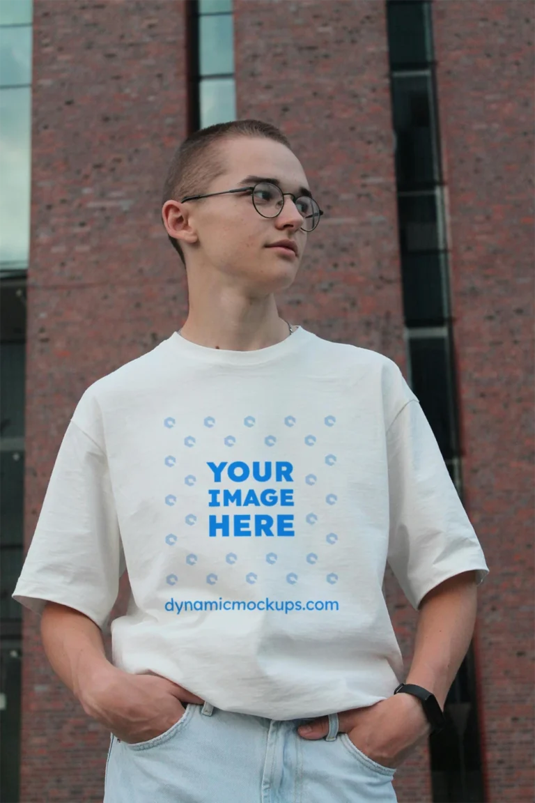 Man Wearing White T-shirt Mockup Front View Template