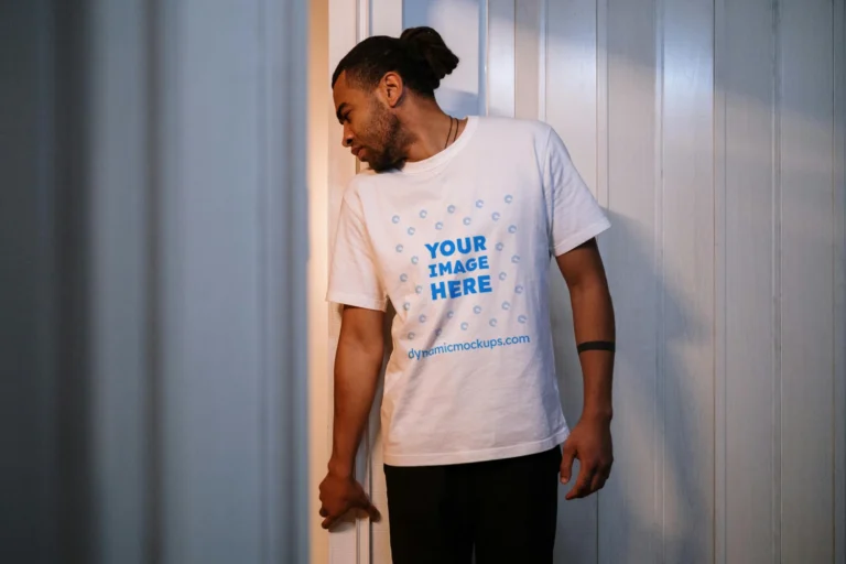 Man Wearing White T-shirt Mockup Front View Template