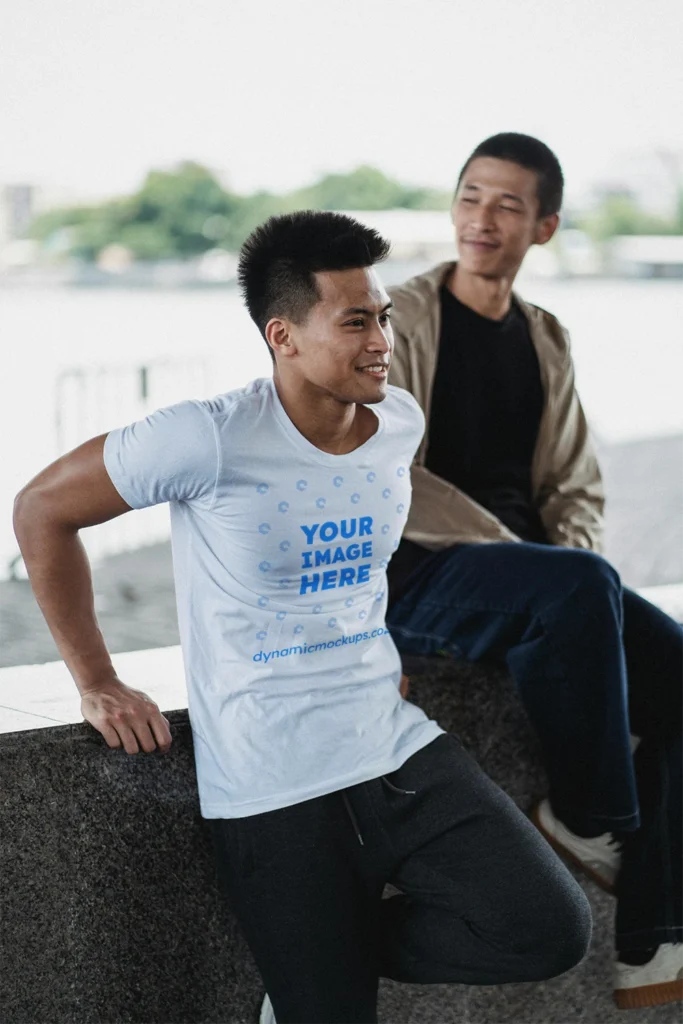 Man Wearing White T-shirt Mockup Front View Template