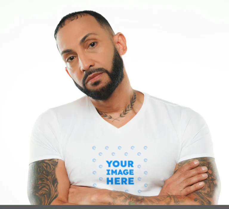 Man Wearing White T-shirt Mockup Front View Template