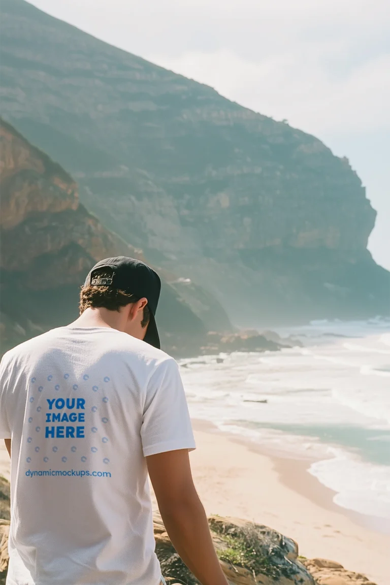 Man Wearing White T-shirt Mockup Back View Template