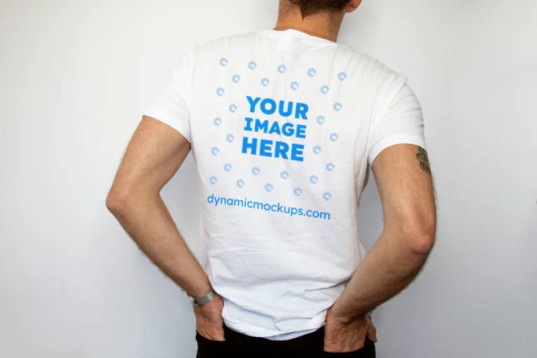 Man Wearing White T-shirt Mockup Back View Template