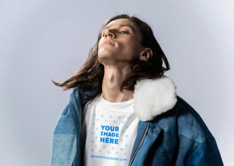 Man Wearing White T-shirt Mockup Front View Template