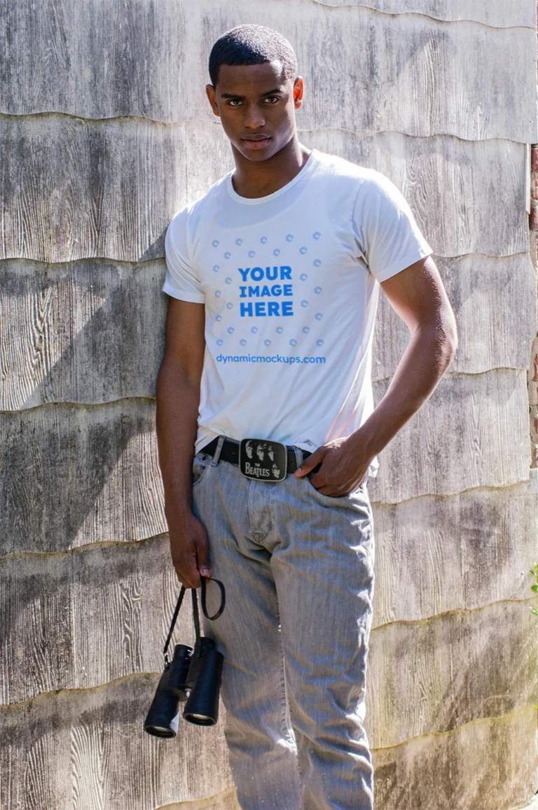 Man Wearing White T-shirt Mockup Front View Template