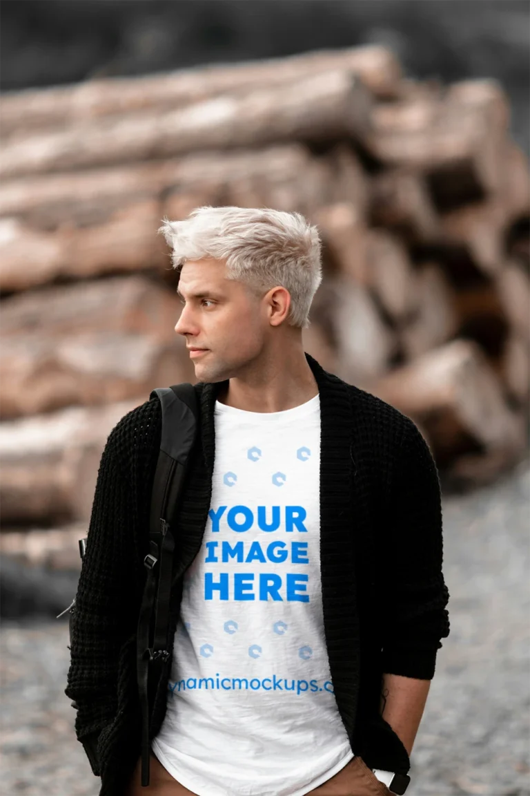 Man Wearing White T-shirt Mockup Front View Template