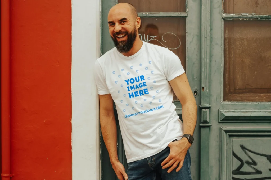 Man Wearing White T-shirt Mockup Front View Template