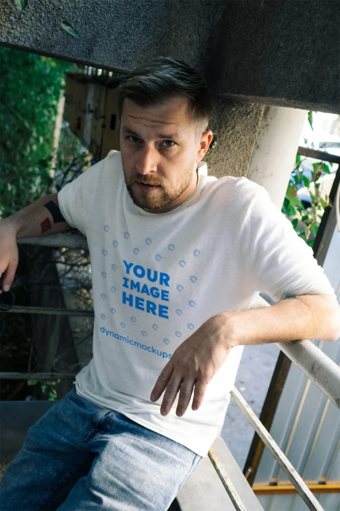 Man Wearing White T-shirt Mockup Front View Template