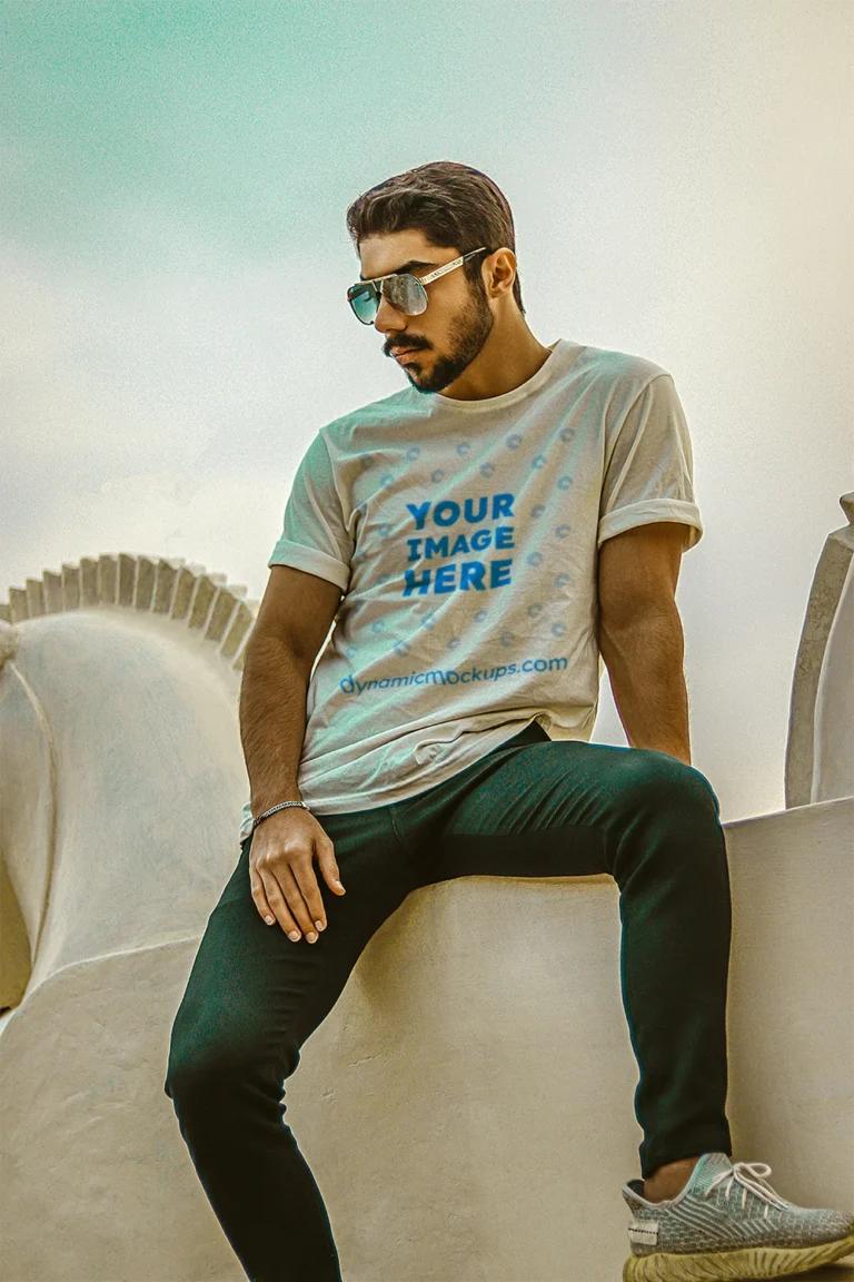 Man Wearing White T-shirt Mockup Front View Template