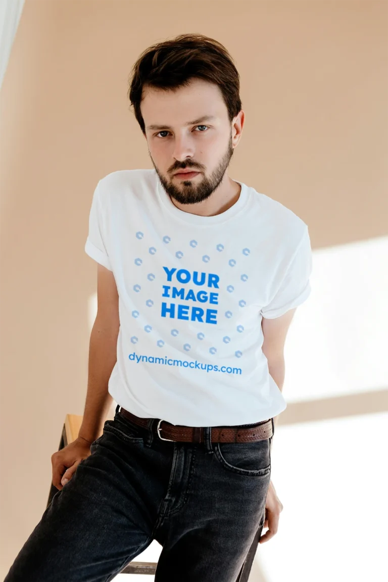 Man Wearing White T-shirt Mockup Front View Template