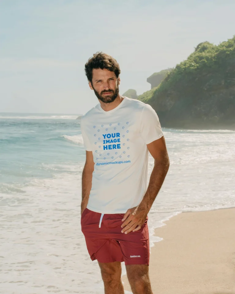 Man Wearing White T-shirt Mockup Front View Template