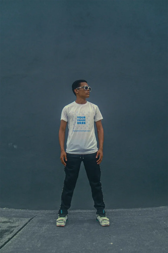 Man Wearing White T-shirt Mockup Front View Template