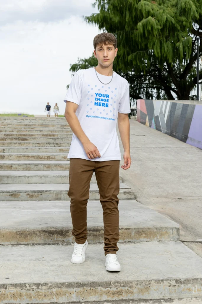 Man Wearing White T-shirt Mockup Front View Template