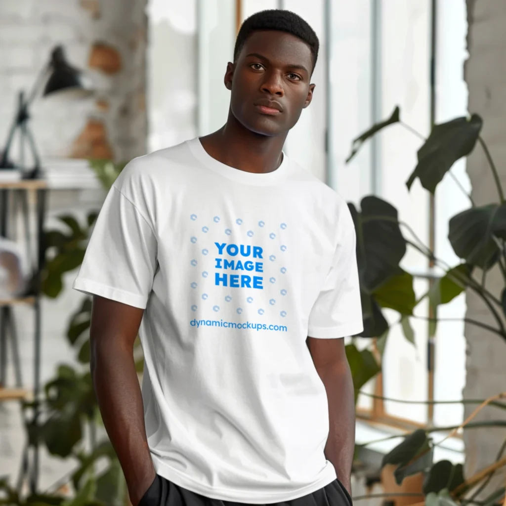 Man Wearing White T-shirt Mockup Front View Template