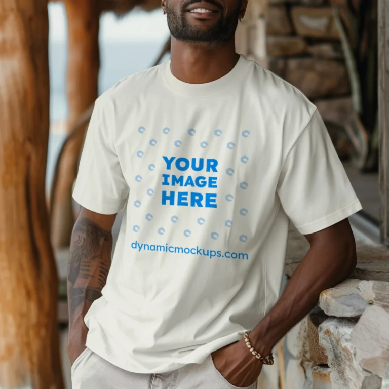 Man Wearing White T-shirt Mockup Front View Template
